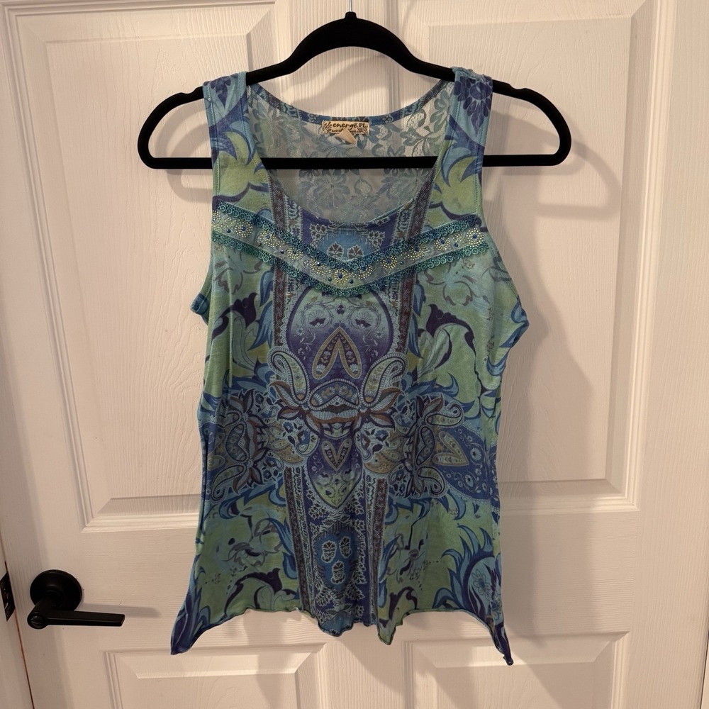 Energë Y2K Bling Rhinestones Sequins Tank Petite‎ L Boho Paisley Sheer Ethereal